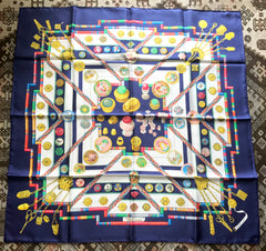 Vintage HERMES Carre navy silk scarf with yellow, pink, green, and multicolor medal and princess etc print. Petite main. 050407r9