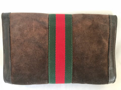 80's Vintage Gucci brown suede leather classic makeup, cosmetic, toiletry pouch, clutch purse with green and red webbing. Gucci Parfums.
