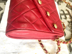 Vintage CHANEL red lamb leather shoulder bag with golden CC button motifs at flap. Rare purse. 070610re1