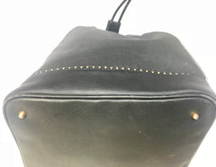 Vintage Valentino navy leather hobo bucket shoulder bag with embossed V logo and drawstring. Classic daily use bag.