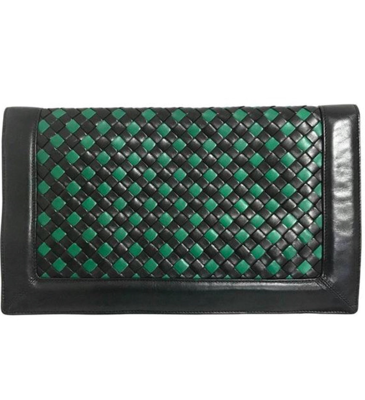 W9. Vintage Bottega Veneta intrecciato navy and green woven lamb leather large clutch bag, purse. Unisex. 050926