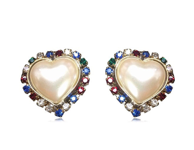 Vintage ESCADA faux pearl heart earrings with red, clear, blue, & green crystals.