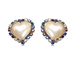 Vintage ESCADA faux pearl heart earrings with red, clear, blue, & green crystals.