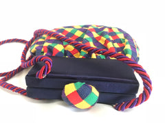 Ves Vintage Bottega Veneta intrecciato woven grosgrain tape pouch clutch bag, shoulder bag in yellow, blue, purple, red, and green. Rare piece.