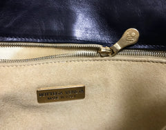 W9. Vintage Bottega Veneta intrecciato navy and green woven lamb leather large clutch bag, purse. Unisex. 050926