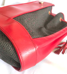 Vintage Yves Saint Laurent red and grey hobo bucket shoulder bag with leather trimmings and golden logo plate. YSL classic purse. 050323re6