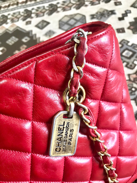 Chanel Vintage Quilted Matelasse Red Lambskin Leather Structured