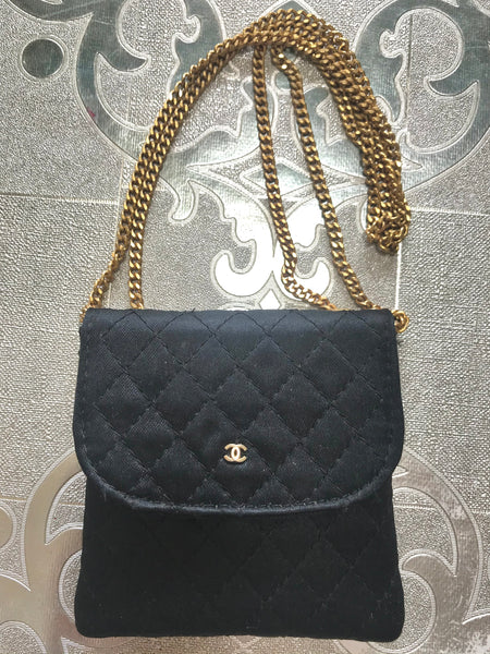 Chanel Vintage 1980s Black Satin CC Logo Quilted Chain Flap Shoulder Bag