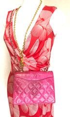 Vintage CHANEL hot pink genuine lizard leather envelop style flap shoulder bag with CC stitch mark and golden chain strap. Rare masterpiece. 050316r2