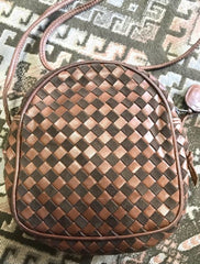 F2 Vintage Valentino Garavani brown intrecciato mini pouch style shoulder bag with V logo embossed pull. Classic purse.