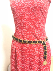 1980s Vintage CHANEL black leather thick chain belt with golden CC and mademoiselle charm. Nice and heavy single layer belt from CHANEL.