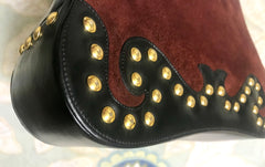 Vintage Christian Lacroix genuine wine brown suede leather sexy feminine shape bag with golden logo motif and studs. Hot purse. 0602062