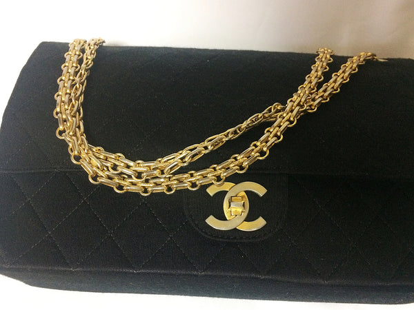 Vintage Chanel classic black jersey 2.55 bag with double flap and skinny  chains For Sale at 1stDibs