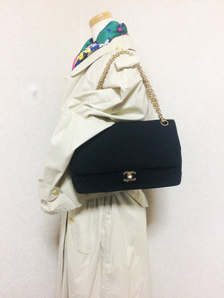 Vintage Chanel classic black jersey 2.55 bag with double flap and skinny  chains For Sale at 1stDibs