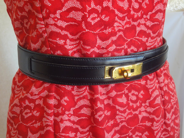 MINT. Vintage HERMES black box calf leather Kelly belt. Stamp S in