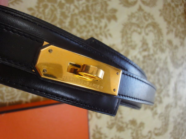 MINT. Vintage HERMES black box calf leather Kelly belt. Stamp S in