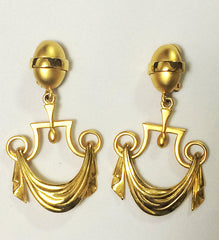 Vintage Karl Lagerfeld golden dangling earrings in drapery window curtain design. Unique and rare jewelry.