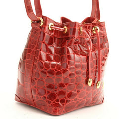 Vintage LANVIN genuine glossy red crocodile bucket, hobo shoulder bag. Rare bag.