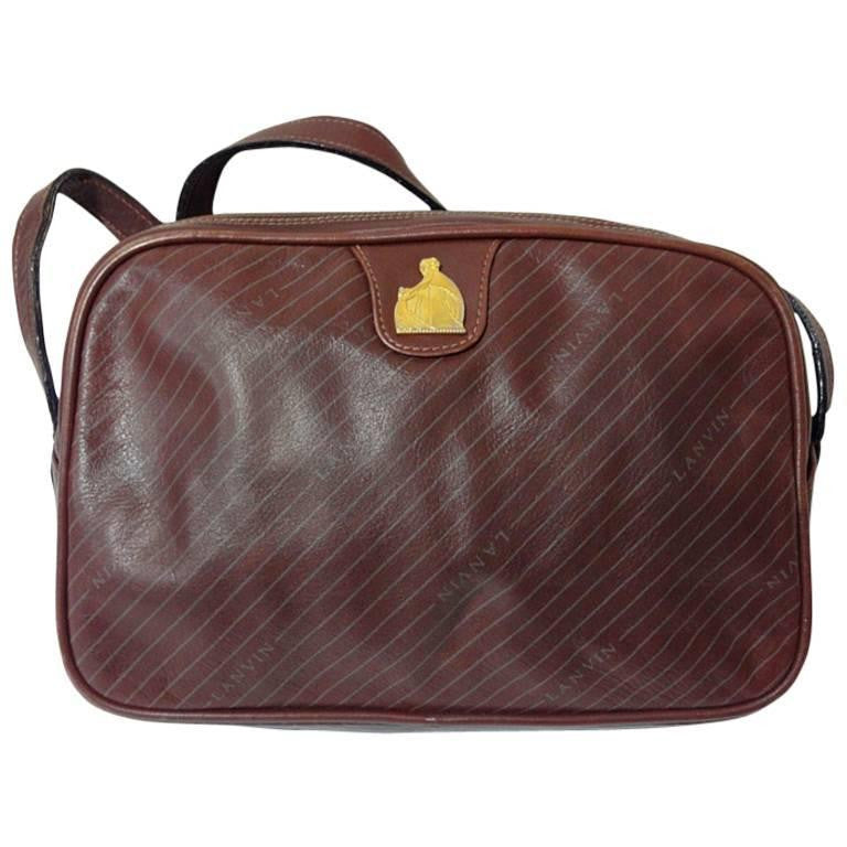 Vintage LANVIN wine brown logo printed leather shoulder bag with iconic golden logo motif, classic purse for daily use. 050327re4