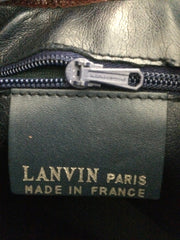 Vintage LANVIN navy logo jacquard shoulder bag with wine, bordeaux leather trimmings. Great masterpiece. Must Have