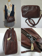 Vintage LANVIN wine brown logo printed leather shoulder bag with iconic golden logo motif, classic purse for daily use. 050327re4