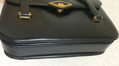 80's Vintage LANVIN classic black leather shoulder bag, tote bag with golden logo motif.
