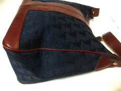 Vintage LANVIN navy logo jacquard shoulder bag with wine, bordeaux leather trimmings. Great masterpiece. Must Have
