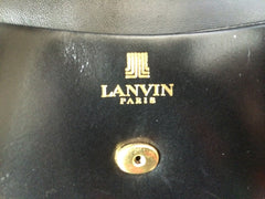 80's Vintage LANVIN classic black leather shoulder bag, tote bag with golden logo motif.