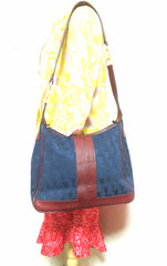 Vintage LANVIN navy logo jacquard shoulder bag with wine, bordeaux leather trimmings. Great masterpiece. Must Have
