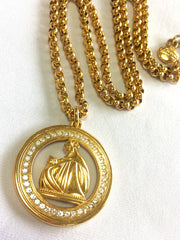 MINT. Vintage LANVIN golden chain necklace with large round logo pendant top with crystal stones. Perfect vintage jewelry. Germany made.