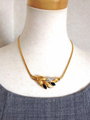MINT. Vintage LANVIN golden chain necklace with golden leaf motif pendant top with clear and navy crystal stones. Perfect jewelry gift.