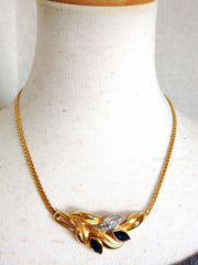 MINT. Vintage LANVIN golden chain necklace with golden leaf motif pendant top with clear and navy crystal stones. Perfect jewelry gift.