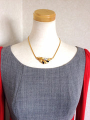 MINT. Vintage LANVIN golden chain necklace with golden leaf motif pendant top with clear and navy crystal stones. Perfect jewelry gift.