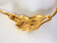 MINT. Vintage LANVIN golden chain necklace with golden leaf motif pendant top with clear and navy crystal stones. Perfect jewelry gift.