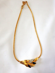 MINT. Vintage LANVIN golden chain necklace with golden leaf motif pendant top with clear and navy crystal stones. Perfect jewelry gift.