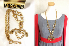 MINT. Vintage Moschino thick chain statement necklace with large heart charm with faux pearls and chain fringe. Jewelry By Moschino BIJOUX