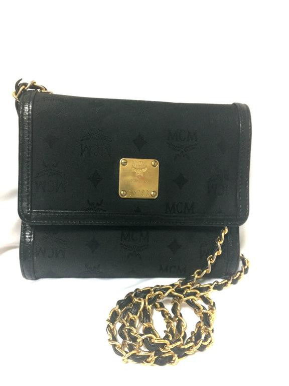 Vintage MCM black nylon monogram rare clutch shoulder bag with leather trimmings golden chain strap. Phenomenon, Big Bang. 060523re6