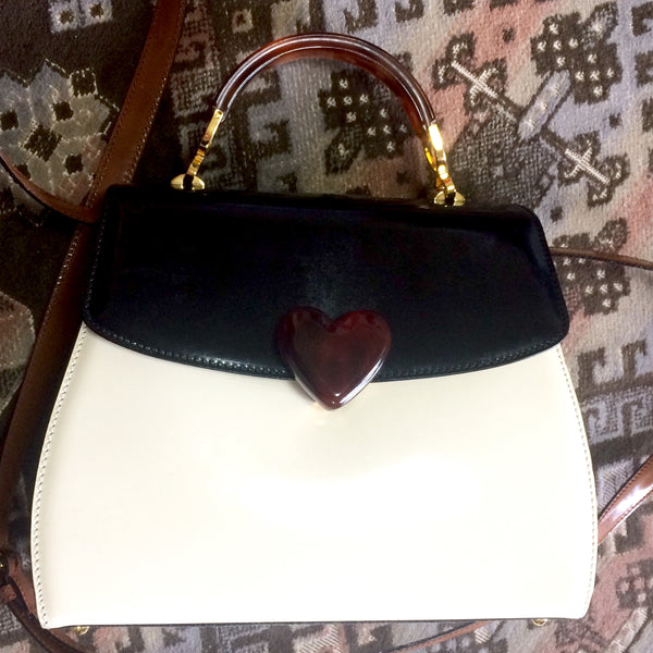 1990s Moschino Vintage Leather Handbag Heart Clasp Shoulder Bag at