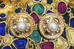Vintage ESCADA extra large round golden earrings with heart, faux pearl, and rhinestones. 05062811