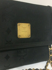 Vintage MCM black nylon monogram rare clutch shoulder bag with leather trimmings golden chain strap. Phenomenon, Big Bang. 060523re6