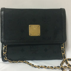 Vintage MCM black nylon monogram rare clutch shoulder bag with leather trimmings golden chain strap. Phenomenon, Big Bang. 060523re6