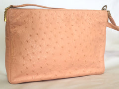 Vintage BALLY genuine milky pink ostrich leather shoulder bag with B logo motif and gathered design at front. Rare masterpiece.