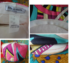 Vintage Emilio Pucci cotton flat hat in pink, purple. yellow, blue, white, multicolor geometric print. Colorful cap