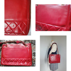 Vintage CHANEL red calfskin classic shoulder tote bag with gold tone chains and CC charm. Classic purse. 0506284