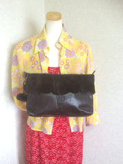 80's vintage FENDI dark brown large leather clutch purse, pouch, toiletry bag with genuine rabbit fur collar with pom pom.