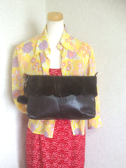 80's vintage Fendi dark brown large leather clutch purse, pouch, toiletry bag with genuine rabbit fur collar with pom pom. 060531r6