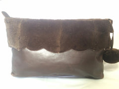 80's vintage Fendi dark brown large leather clutch purse, pouch, toiletry bag with genuine rabbit fur collar with pom pom. 060531r6