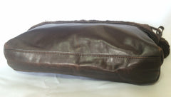 80's vintage Fendi dark brown large leather clutch purse, pouch, toiletry bag with genuine rabbit fur collar with pom pom. 060531r6