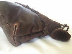 80's vintage Fendi dark brown large leather clutch purse, pouch, toiletry bag with genuine rabbit fur collar with pom pom. 060531r6