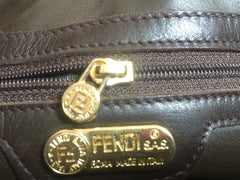 80's vintage Fendi dark brown large leather clutch purse, pouch, toiletry bag with genuine rabbit fur collar with pom pom. 060531r6